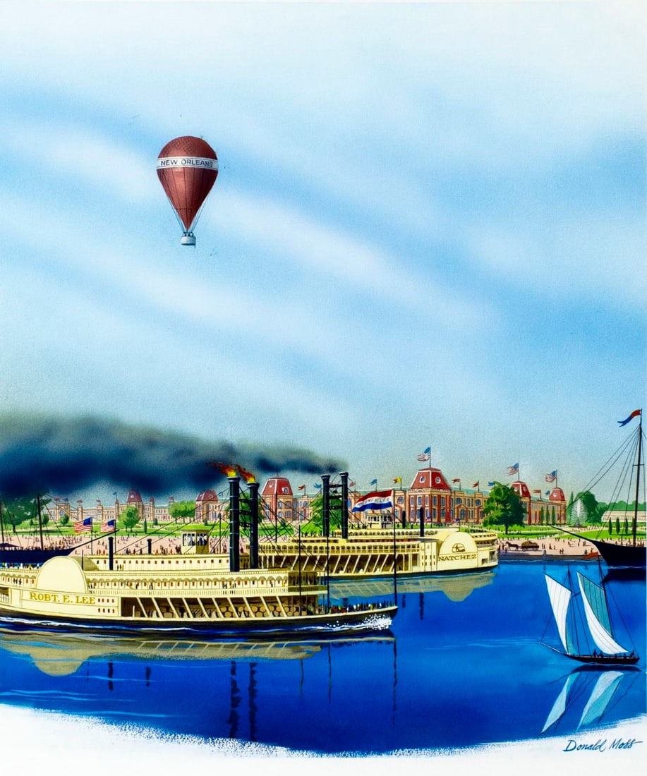 Donald Moss (CT,MA,1920-2010) gouache painting: ARTIST: Donald Moss (Connecticut, Massachusetts, 1920 - 2010) TITLE: Louisiana Worlds Exposition, New Orleans YEAR: 1984 MEDIUM: gouache on board CONDITION: