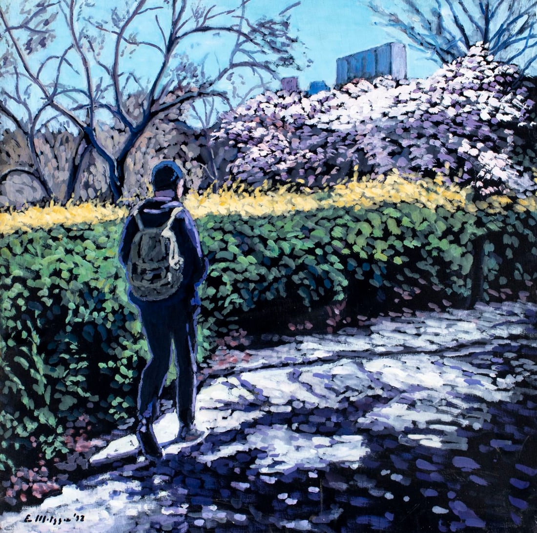 Evelyn Metzger (NY,Brazil,1911-2007) oil painting: ARTIST: Evelyn Borchard Metzger (New York, Brazilian, 1911 - 2007) TITLE: Central Park Scene, NY YEAR: 1992 MEDIUM: oil on board CONDITION: Minor scratch