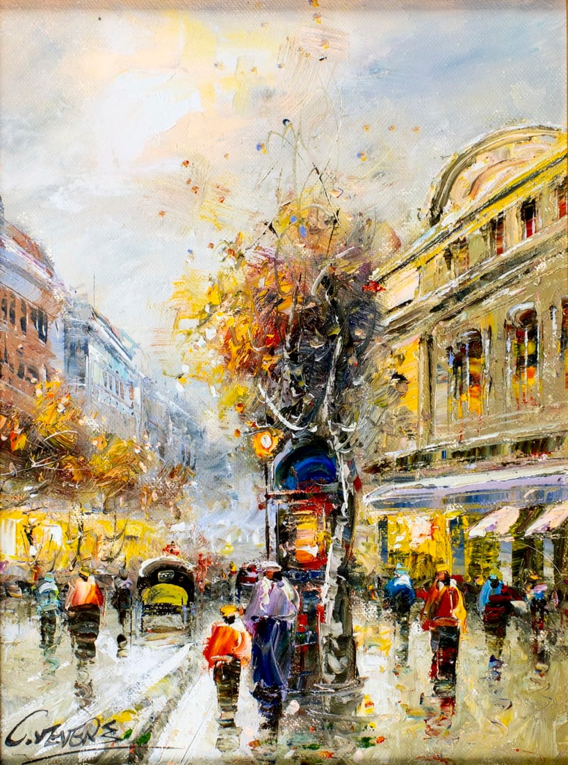 Christof Vevers (Europe,b 1962) oil painting: ARTIST: Christof Vevers (European, born 1962) TITLE: Paris Cityscape, France MEDIUM: oil on canvas CONDITION: Very good. No visible inpaint under UV light. ART SI
