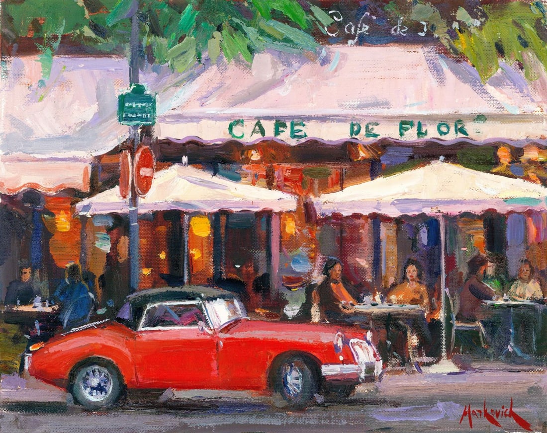 Olena Markovych (Ukraine,b 1987) oil painting: ARTIST: Olena Markovych (Ukraine, born 1987) TITLE: Paris Cafe Scene, France MEDIUM: oil on heavy paper CONDITION: Very good. No visible inpaint under UV light. A