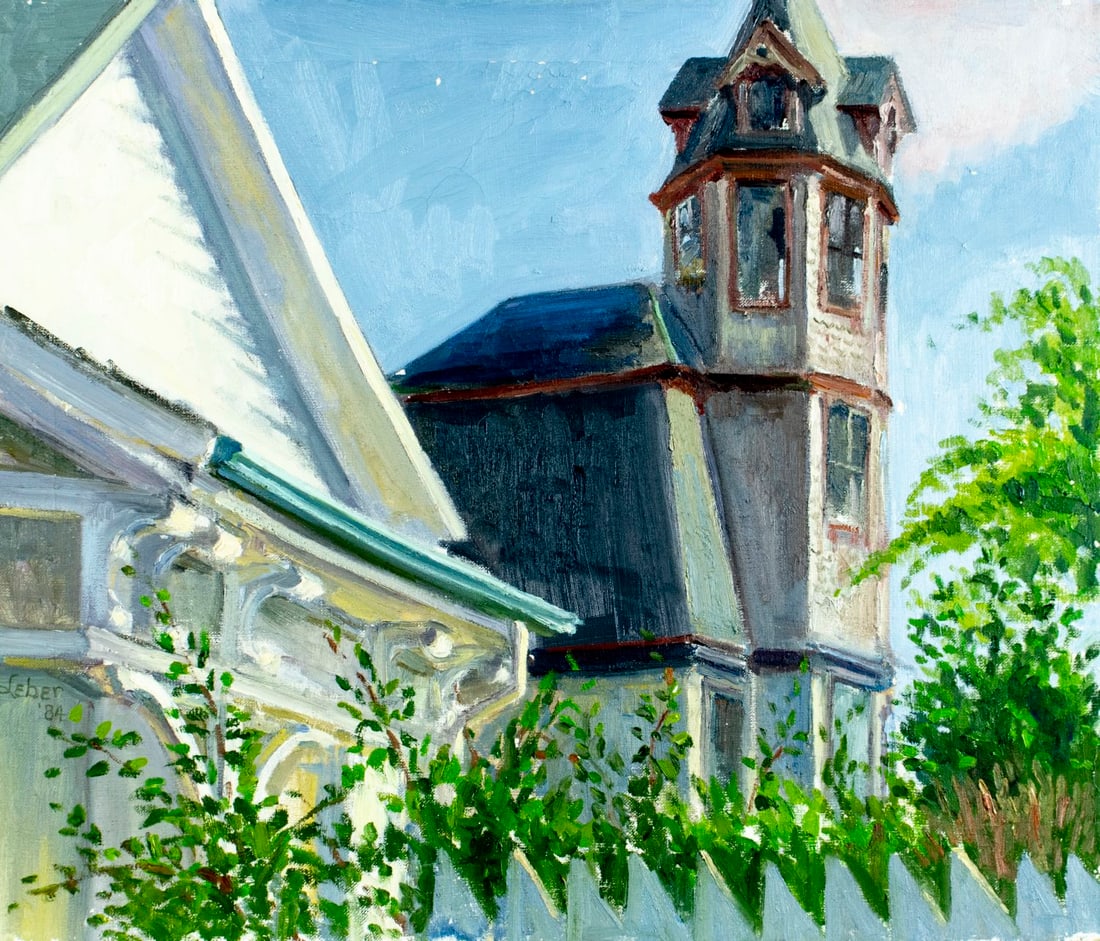 Leber (US,20C) oil painting: ARTIST: Leber (American, 20 century) TITLE: Cityscape - Mansion with Tower YEAR: 1984 MEDIUM: oil on canvas CONDITION: Some flaking/paint losses. Minor c