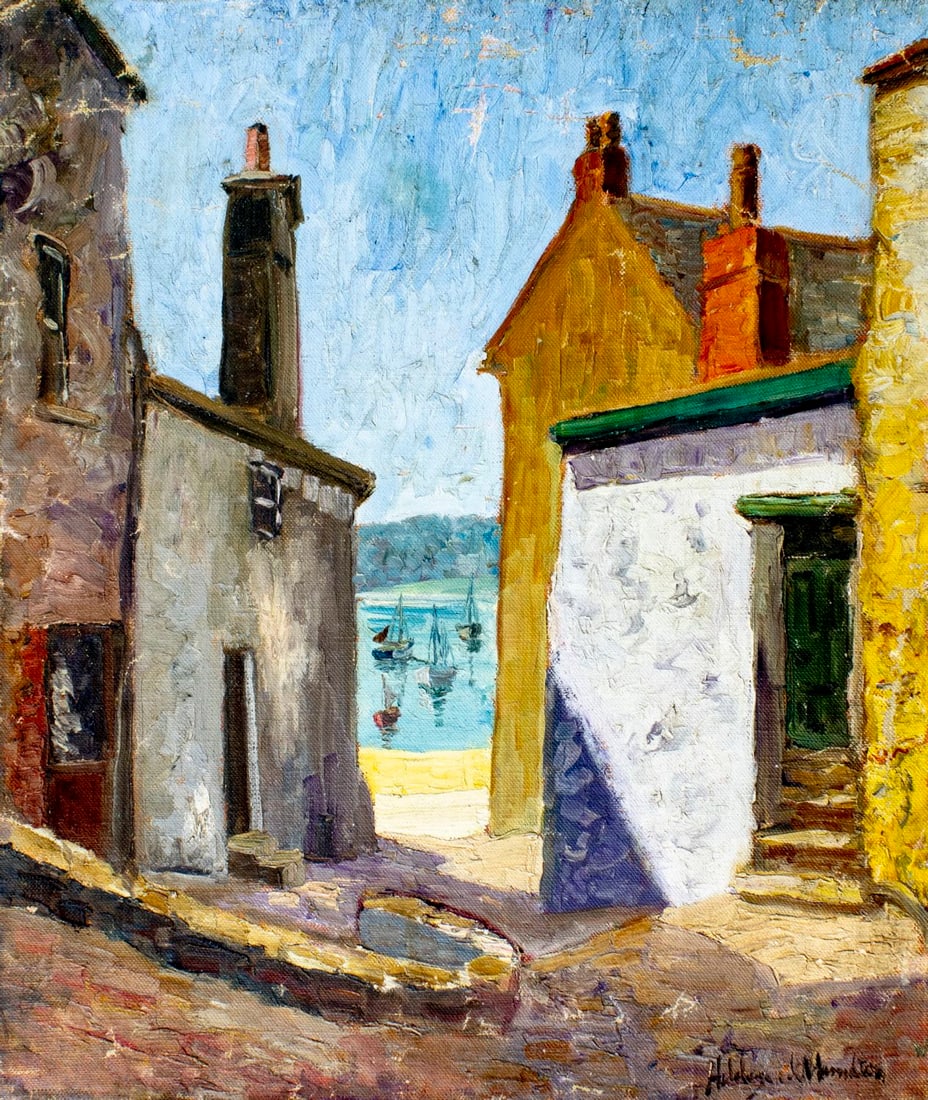 Hildegarde Hamilton (FL,VA,1898-1970) oil painting: ARTIST: Hildegarde Hume Hamilton (Florida, Virginia, 1898 - 1970) TITLE: Coastal Cityscape MEDIUM: oil on canvas CONDITION: Unstretched (In-House stretching available) (In