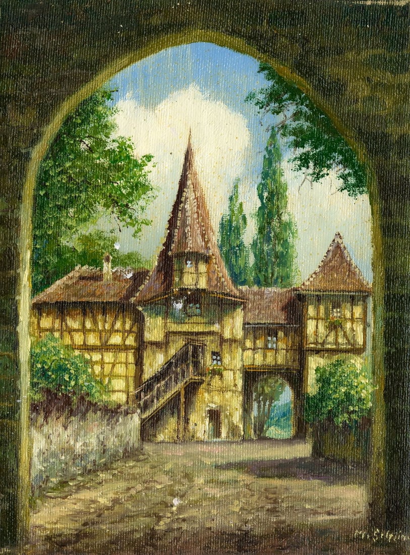 M Schony (German,1913-?) oil painting: ARTIST: M Schony (Germany, 1913 - ???) TITLE: Cityscape MEDIUM: oil on canvas CONDITION: Unstretched (In-House stretching available) (In-House stretching available). Overa
