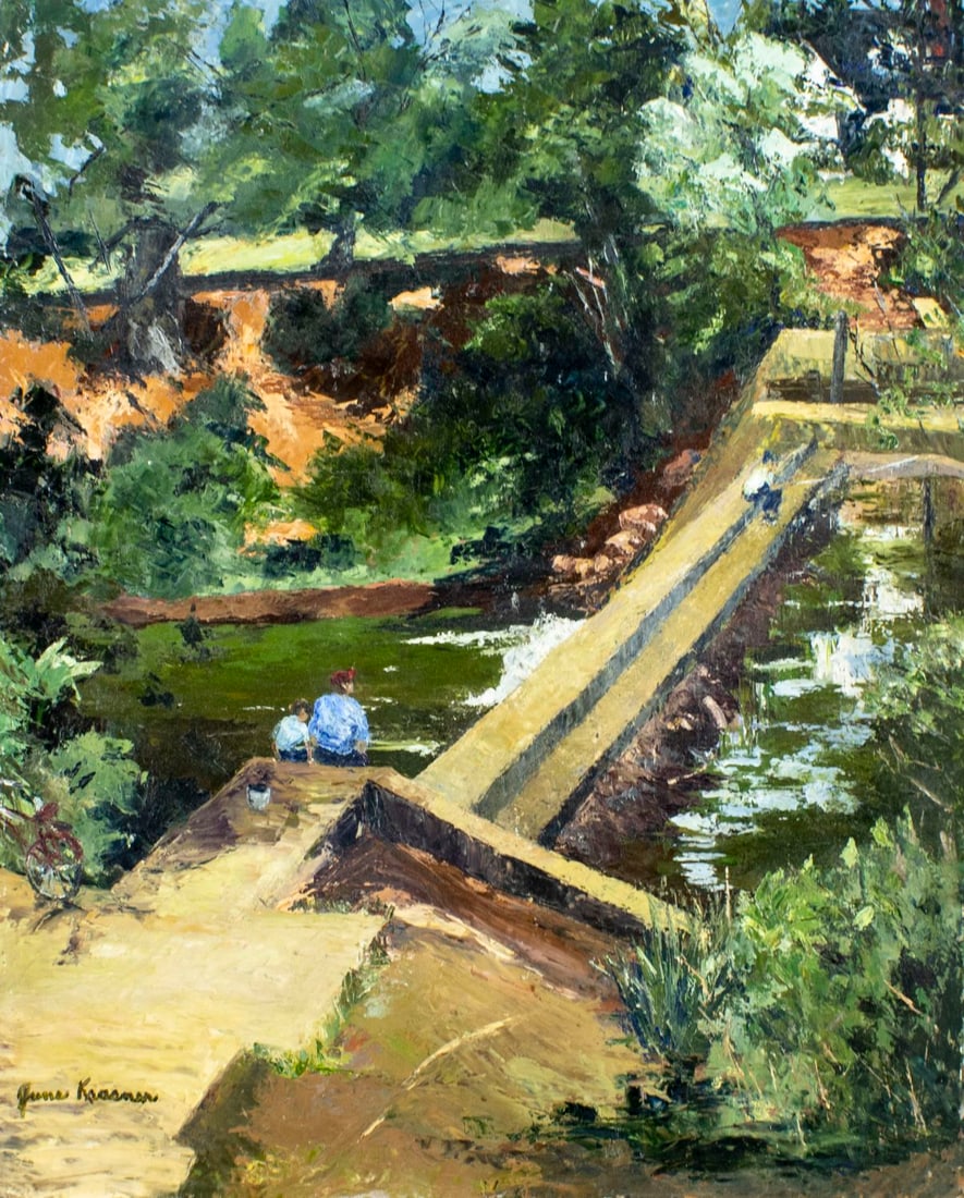 June Krasner (NJ,1905-1991) oil painting: ARTIST: June Krasner (New Jersey, 1905 - 1991) TITLE: River Composition (titled on verso) MEDIUM: oil on board CONDITION: Some paint losses mostly by the lower edge. No visi