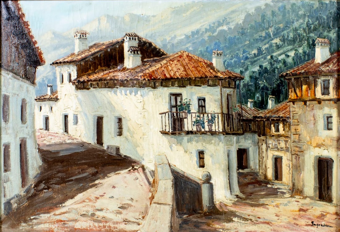 Eloy Ingrain Cardenas (Spain,1927-?) oil painting: ARTIST: Eloy Ingrain Cardenas (Spanish, 1927 - ???) TITLE: Mountain Cityscape MEDIUM: oil on canvas CONDITION: Some indentation to canvas. Some paint losses. Some craquelu
