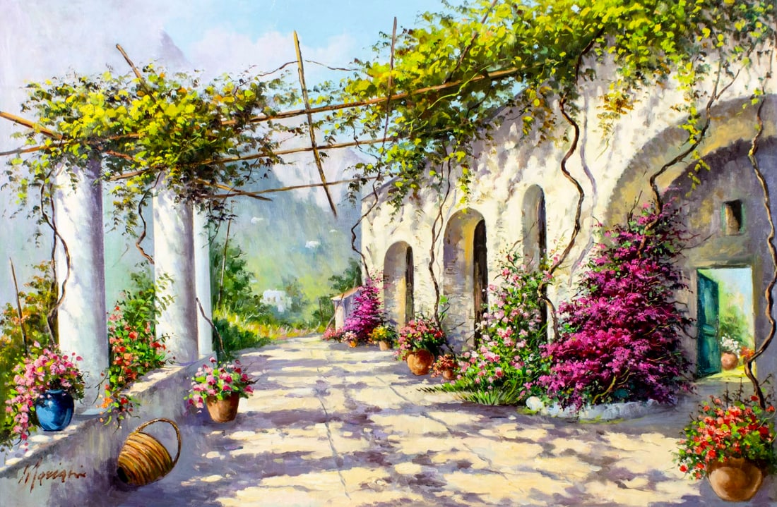 Mariani (Italy,20C) oil painting: ARTIST: Mariani (Italian, 20 century) TITLE: Italian Cityscape MEDIUM: oil on canvas CONDITION: Unstretched (In-House stretching available) (In-House stretching available).