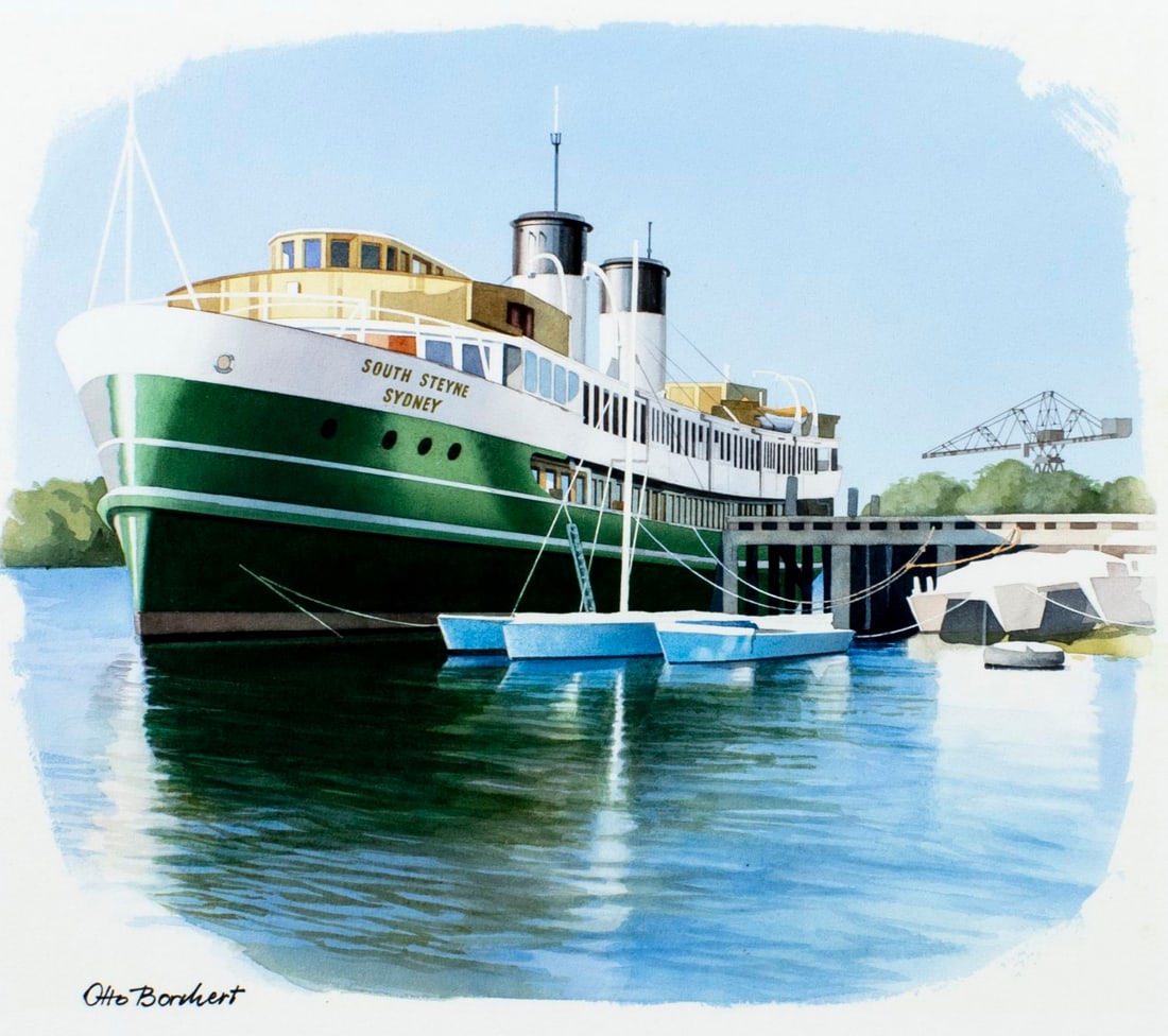 Otto Borchert (Australia,20C) watercolor painting: ARTIST: Otto Borchert (Australian, 20 century) TITLE: South Steyne Sydney Steamboat YEAR: 1978 MEDIUM: watercolor on board CONDITION: Minor damages to lo