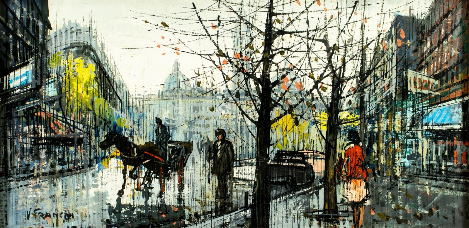 V Franchi (France,20C) oil painting: ARTIST: V Franchi (French, 20 century) TITLE: Paris Cityscape with Horse Carriage MEDIUM: oil on canvas CONDITION: Two patch-repaired punctures with corresponding paint loss