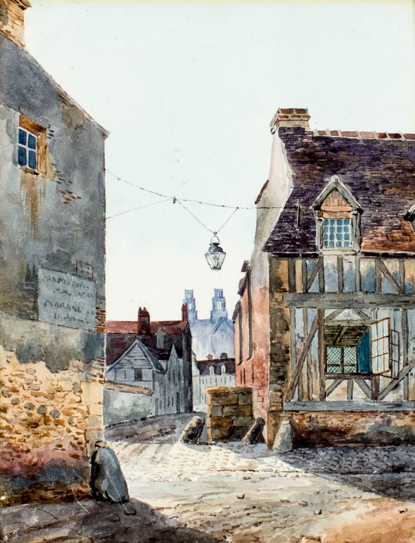 Antique early 20C European watercolor painting signed: ARTIST: - (Europe, early 20 century) TITLE: Town Scene MEDIUM: watercolor on paper CONDITION: Few minor scratches. Minor age toning. ART SIZE: 10 x 8 i