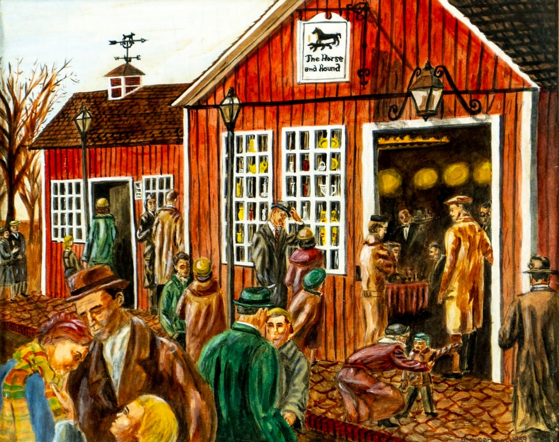 Don Carboni (US,mid 20C) watercolor painting: ARTIST: Don Carboni (American, mid 20 century) TITLE: Pub Scene YEAR: 1959 MEDIUM: watercolor on paper CONDITION: Minor damages to left corners of paper.