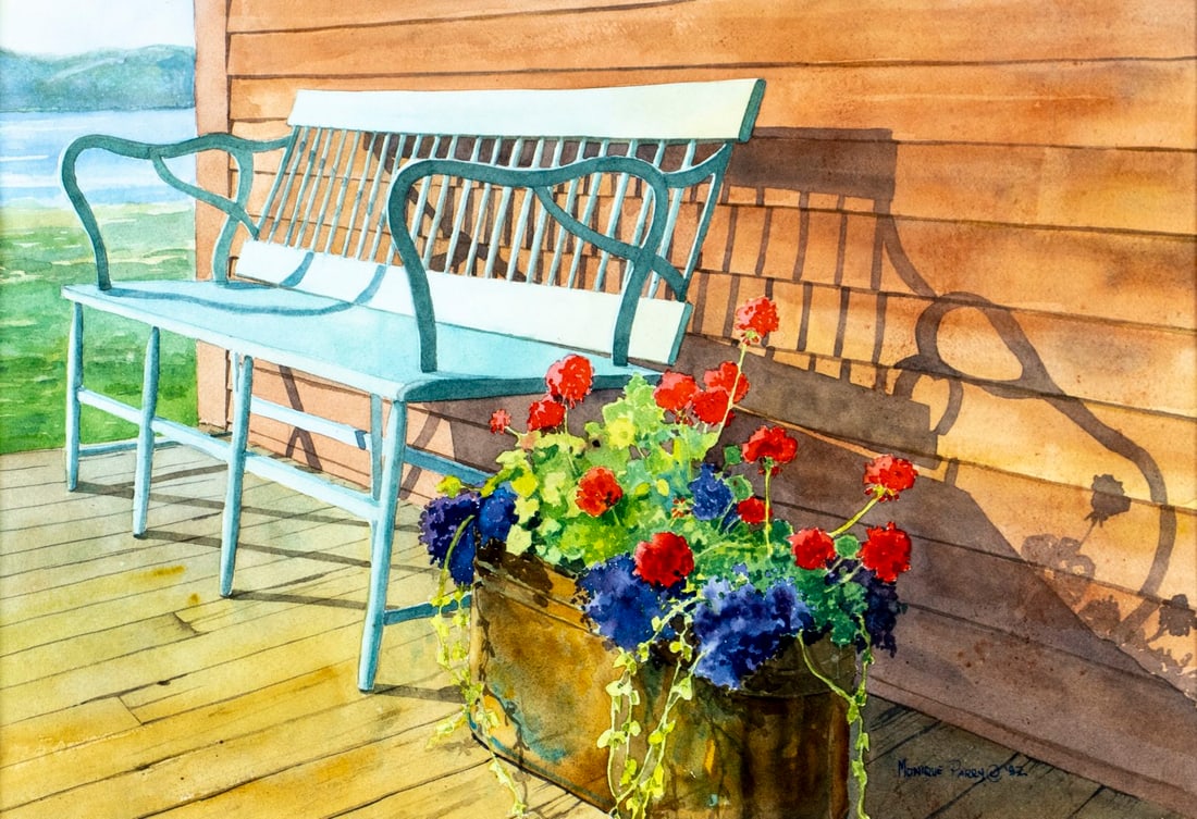 Monique Parry (ME,20C) watercolor painting: ARTIST: Monique Fath Parry (Maine, 20 century) TITLE: Landscape - Porch Bench (titled on verso) YEAR: 1992 MEDIUM: watercolor on paper CONDITION: Minor a