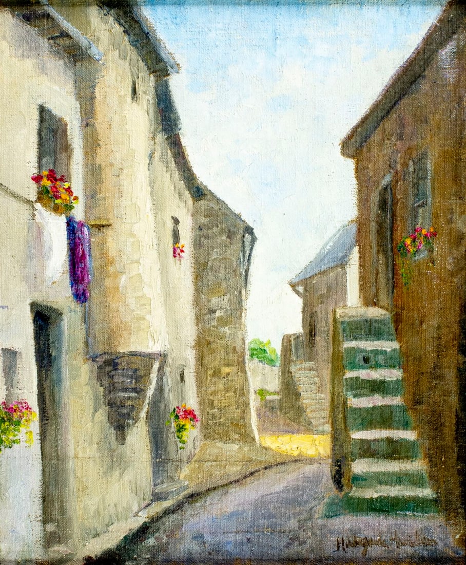 Hildegarde Hamilton (FL,VA,1898-1970) oil painting: ARTIST: Hildegarde Hume Hamilton (Florida, Virginia, 1898 - 1970) TITLE: Cityscape MEDIUM: oil on canvas CONDITION: Minor paint losses. Some craquelure. No visible inpaint