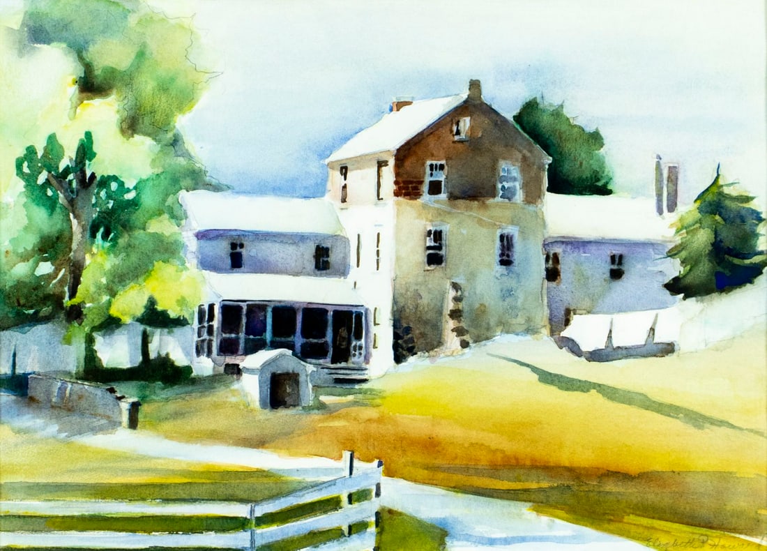 Elizabeth P Howard (US,20C) watercolor painting: ARTIST: Elizabeth P Howard (American, 20 century) TITLE: Town Scene MEDIUM: watercolor on paper CONDITION: Overall good. Framed under glass. Wear to frame. ART SI