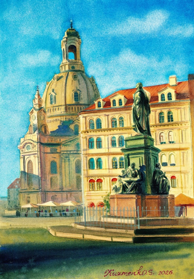 Sofia Kuzmenko (Ukraine,20/21C) watercolor painting: ARTIST: Sofia Kuzmenko (Ukraine, 20/21 centuries) TITLE: Cityscape - Neumarkt Square, Dresden, Germany MEDIUM: watercolor on heavy paper CONDITION: Very good. ART