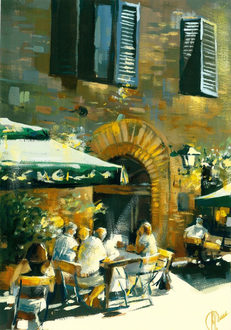 Ivanna Kotulych (Ukraine,20/21C) acrylic painting: ARTIST: Ivanna Kotulych (Ukraine, 20/21 centuries) TITLE: Cafe Cityscape MEDIUM: acrylic on heavy paper CONDITION: Very good. No visible inpaint under UV light. A