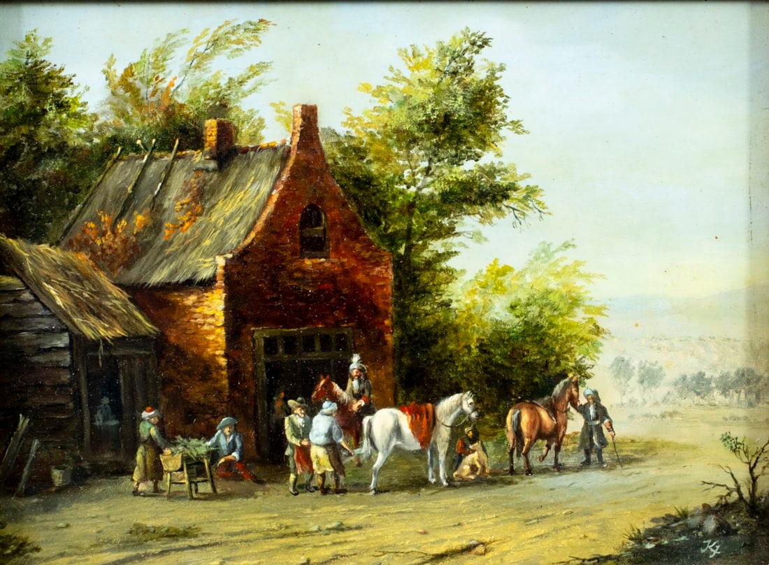 Vintage mid 20C European oil painting: ARTIST: - (Europe, mid 20 century) TITLE: Old Stable with Horses MEDIUM: oil on board CONDITION: Overall good. No visible inpaint under UV light. Wear to frame.