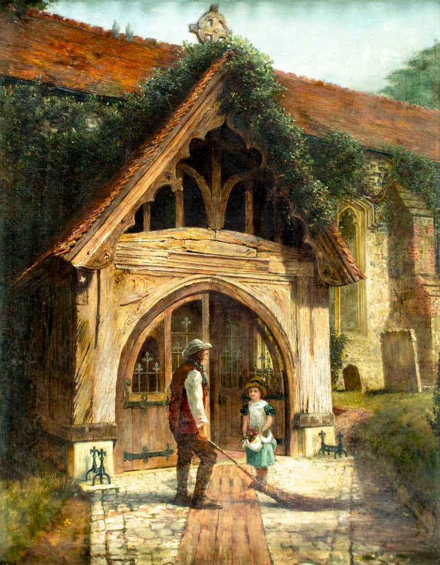 Antique 19C British oil painting: ARTIST: - (United Kingdom, 19 century) TITLE: Stoke Poges Church MEDIUM: oil on canvas. Canvas applied to board. CONDITION: Few minor paint losses. Minor craquelure. No vi