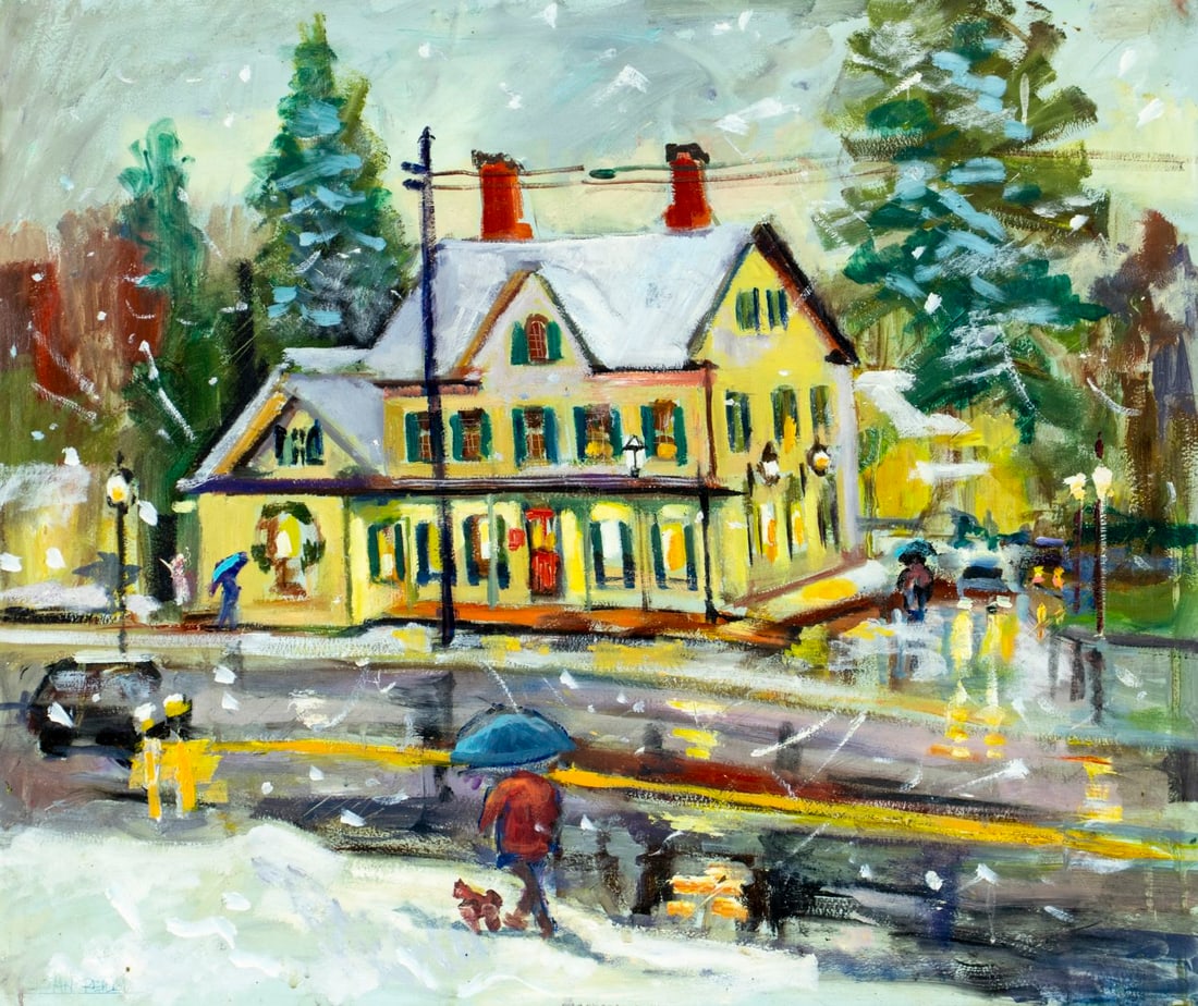 John Reilly (NY,NJ,1942-2021) oil painting: ARTIST: John Reilly (New York, New Jersey, 1942 - 2021) TITLE: Winter Town Scene MEDIUM: oil on board CONDITION: Some faint scratches. No visible inpaint under UV light. N