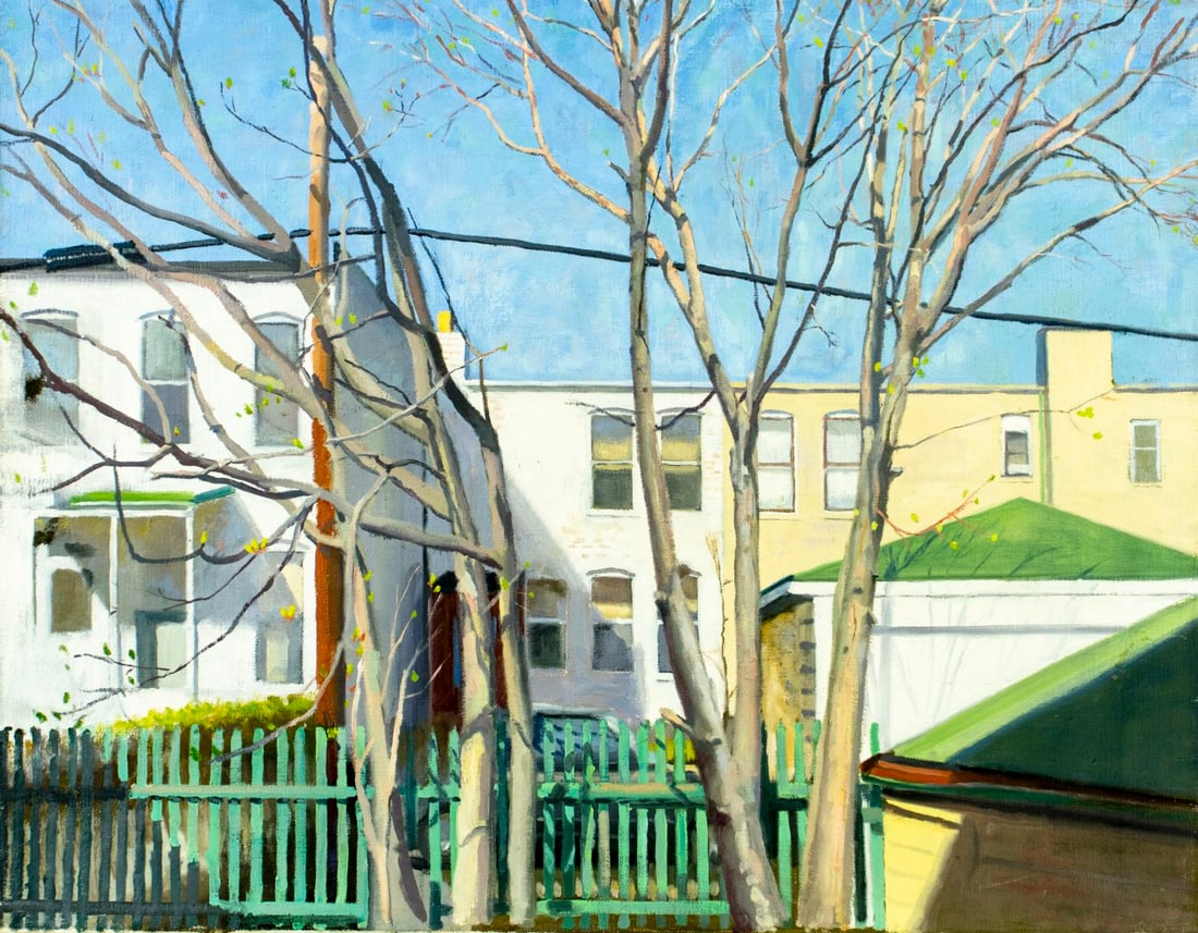 Vintage 20C American oil painting: ARTIST: - (United States, 20 century) TITLE: Suburban Cityscape with Trees MEDIUM: oil on canvas CONDITION: Few small scratches/paint losses mostly by edges. Minor craquelur