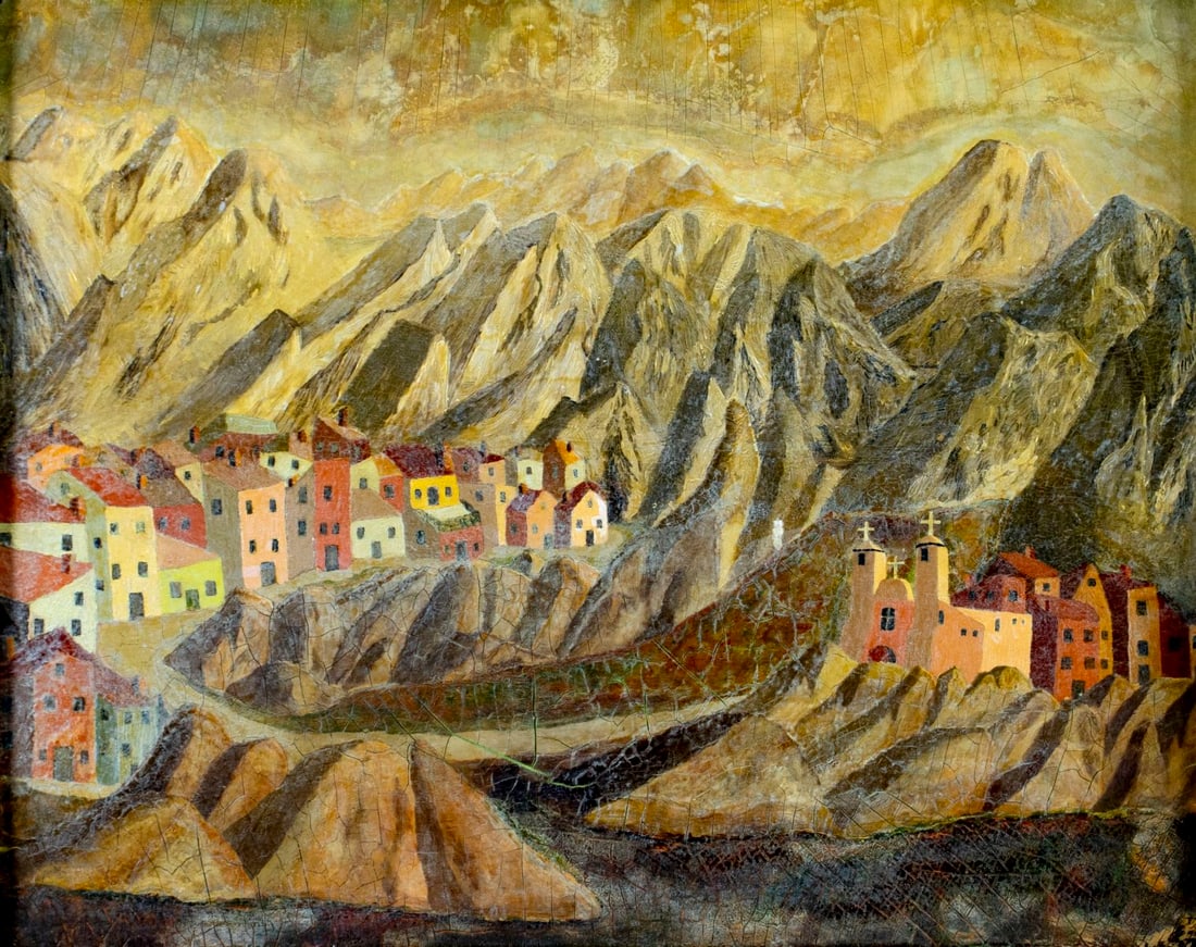 Louis Mangiante (MA,mid 20C) oil painting: ARTIST: Louis Mangiante (Massachusetts, 20 century) TITLE: Mountain Town Landscape YEAR: 1958 MEDIUM: oil on canvas board CONDITION: Few nail holes along