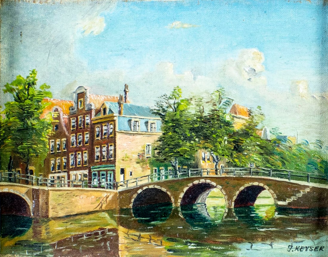 J Keyser (Dutch,mid 20C) oil painting: ARTIST: J Keyser (Netherlands, mid 20 century) TITLE: Dutch Cityscape MEDIUM: oil on canvas CONDITION: Normal wear along edges. Very minor craquelure. No visible inpaint und