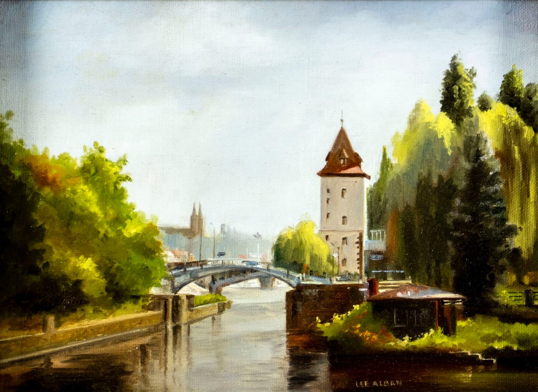 Lee Alban (MD,1948-?) oil painting: ARTIST: Lee Alban (Maryland, 1948 - ???) TITLE: Prague Cityscape, Czech Republic MEDIUM: oil on canvas CONDITION: Very good. No visible inpaint under UV light. Wear to fra