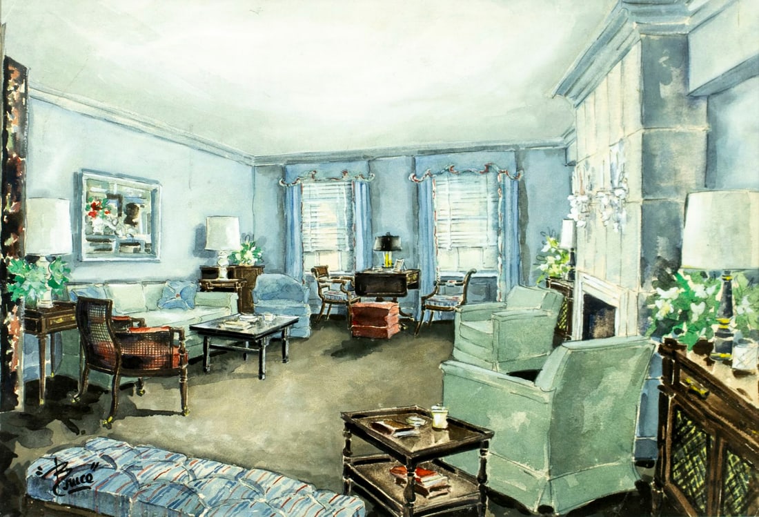 Bruce (US,mid 20C) watercolor painting: ARTIST: Bruce (American, mid 20 century) TITLE: Interior Scene MEDIUM: watercolor on paper CONDITION: Minor crease along edges. Some scratches along edges. Minor age toning.
