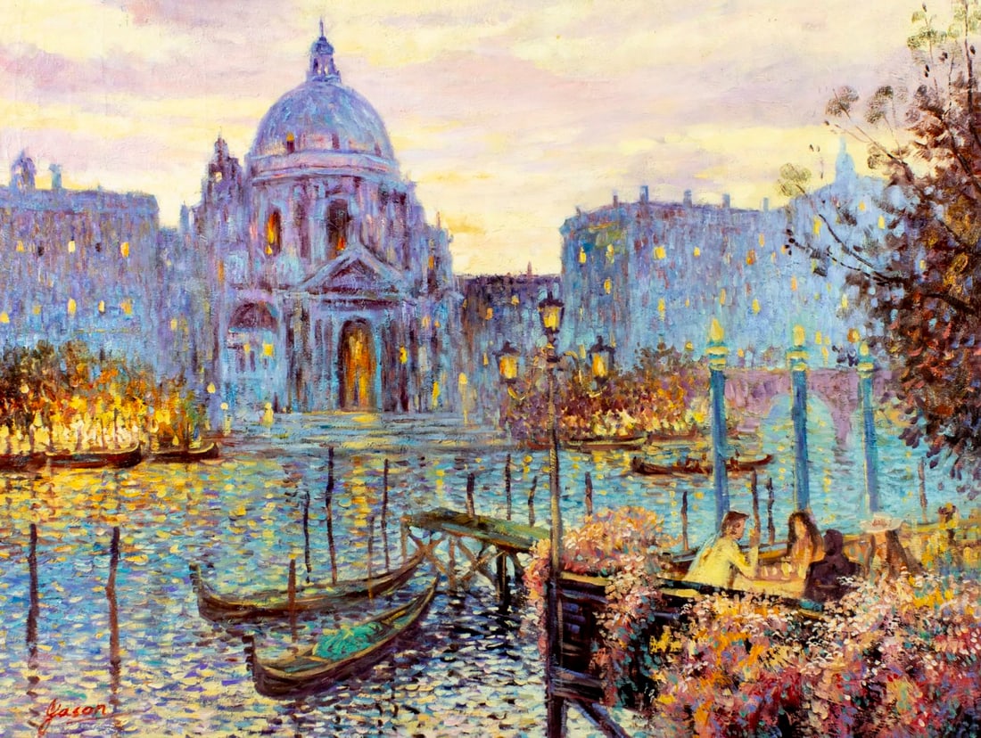 H Jason (Europe,20C) oil painting: ARTIST: H Jason (European, 20 centuty) TITLE: Venice Canal Cityscape, Italy MEDIUM: oil on canvas CONDITION: Unstretched (In-House stretching available) (In-House stretching