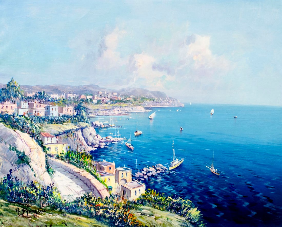 Starzino (Italy,20C) oil painting: ARTIST: Starzino (Italian, 20 century) TITLE: Italian Coastal Landscape MEDIUM: oil on canvas CONDITION: Unstretched (In-House stretching available) (In-House stretching ava