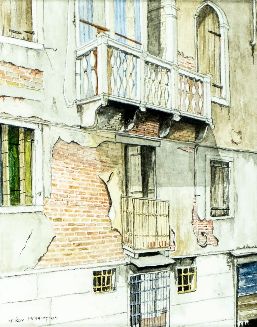 A Roy Merrington (UK,20C) watercolor painting: ARTIST: A Roy Merrington (United Kingdom, 20 century) TITLE: Cityscape MEDIUM: watercolor on paper CONDITION: Very good. Framed under glass. Wear to frame. ART SI