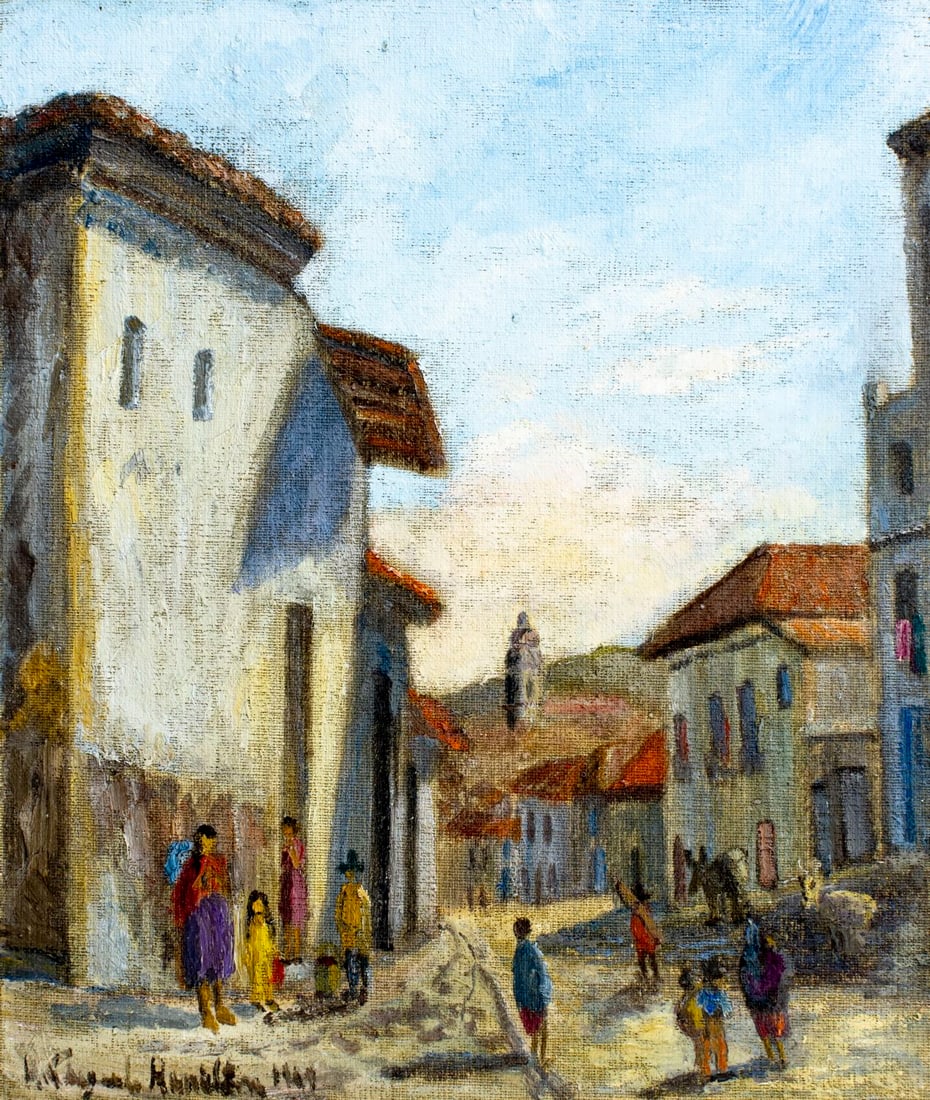 Hildegarde Hamilton (FL,VA,1898-1970) oil painting: ARTIST: Hildegarde Hume Hamilton (Florida, Virginia, 1898 - 1970) TITLE: San Domingo Church Tower Cityscape, Quito, Ecuador (titled on verso) YEAR: 1968 MEDIUM: oil on can