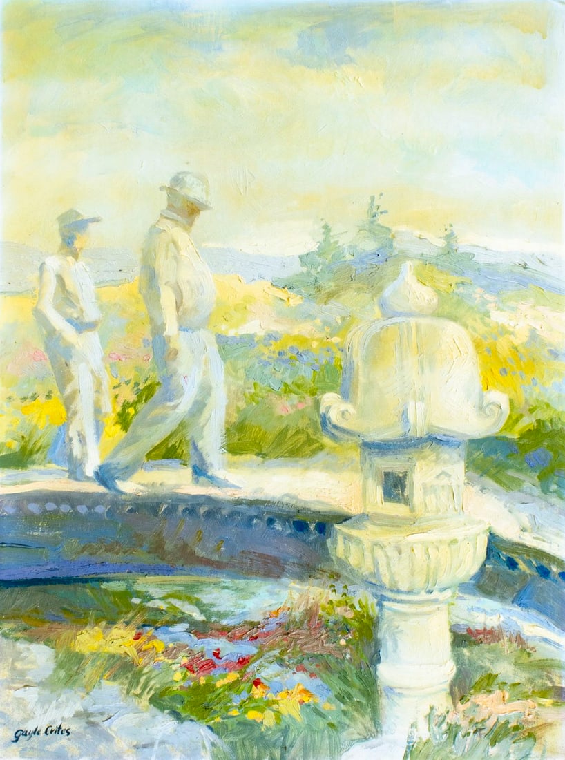 Gayle Crites (CO,1949-?) oil painting: ARTIST: Gayle Crites (Colorado, 1949 - ???) TITLE: Park Scene YEAR: 1985 MEDIUM: oil on canvas board CONDITION: Some small damages to corners. Missing