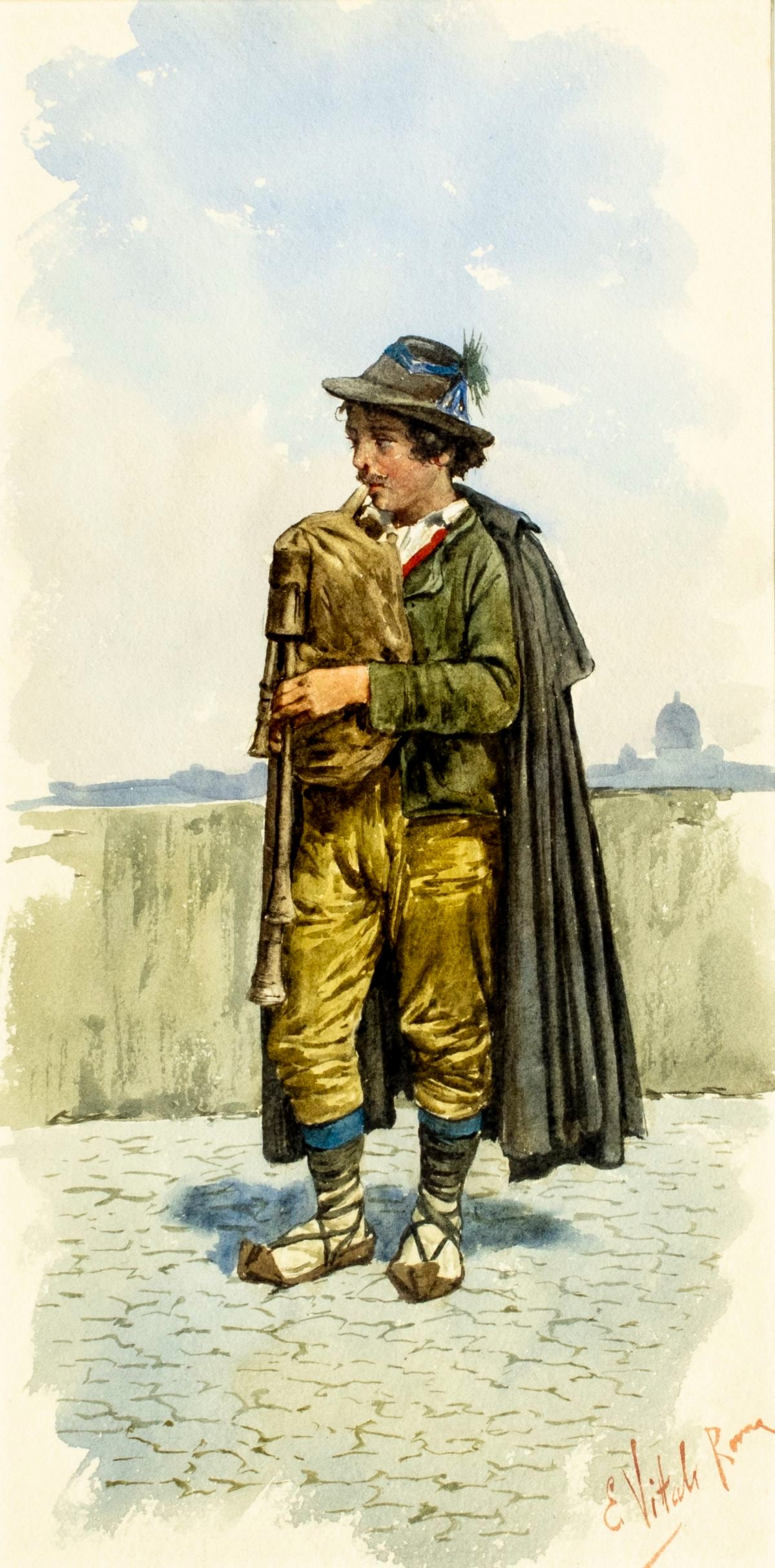 Edouardo Vitali (Italy,19C) watercolor painting antique: ARTIST: Edouardo Vitali (Italian, 19 century) TITLE: Italian Man MEDIUM: watercolor on paper CONDITION: Some age toning. Framed under glass. Minor damages to frame.