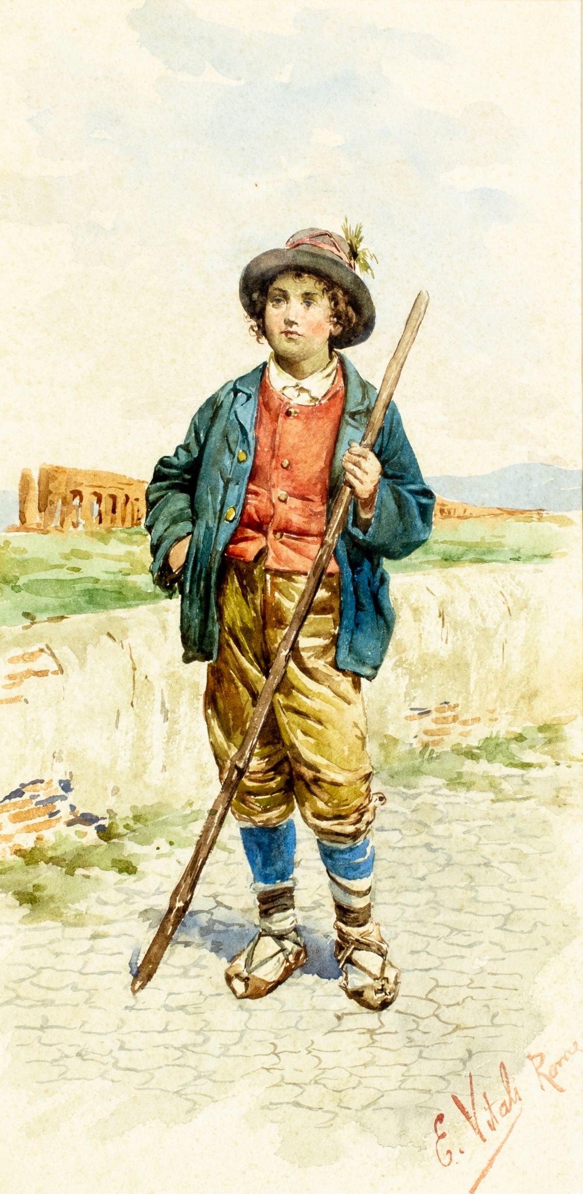 Edouardo Vitali (Italy,19C) watercolor painting antique: ARTIST: Edouardo Vitali (Italian, 19 century) TITLE: Italian Man MEDIUM: watercolor on paper CONDITION: Minor foxing. Some age toning. Framed under glass. Minor damages to f