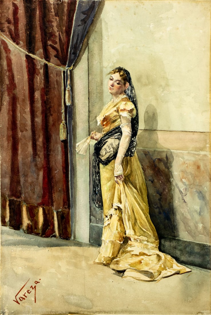 Varela (Europe,19C) watercolor painting antique: ARTIST: Varela (European, 19 century) TITLE: Lady with Fan MEDIUM: watercolor on paper CONDITION: Some damages/tears to edges and corners. Minor scratches/paint losses. Som