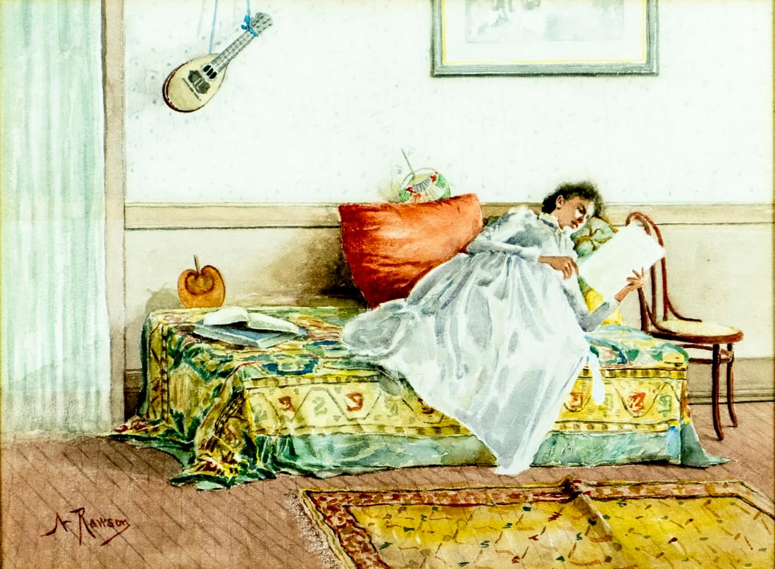 Nairne Rawson (NY,1848-?) watercolor painting antique: ARTIST: Nairne Rawson (New York, 1848 - ???) TITLE: Woman Reading MEDIUM: watercolor on paper CONDITION: Minor age toning. Framed under glass. Wear to frame. AR