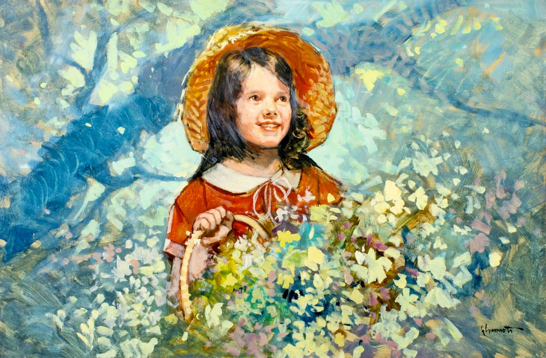 Giordano Giovanetti (Italy,1906-1973) oil painting: ARTIST: Giordano Giovanetti (Italian, 1906 - 1973) TITLE: Girl with Flower Basket MEDIUM: oil on canvas CONDITION: Unstretched (In-House stretching available) (In-House st