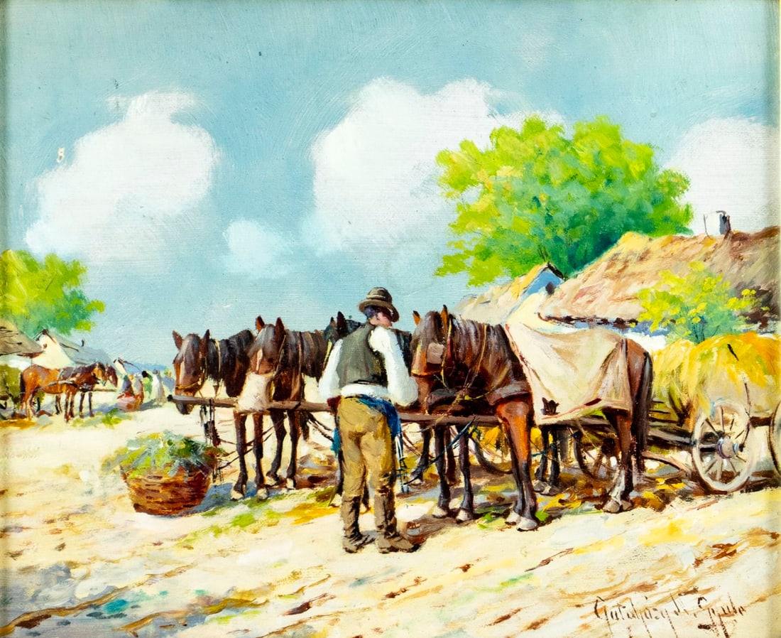 Gyula Nemeth Gutahazy (Hungary,1892-1959) oil painting: ARTIST: Gyula Nemeth Gutahazy (Hungarian, 1892 - 1959) TITLE: Farm Scene with Horses MEDIUM: oil on board CONDITION: Some small paint losses mostly in the upper left quadr