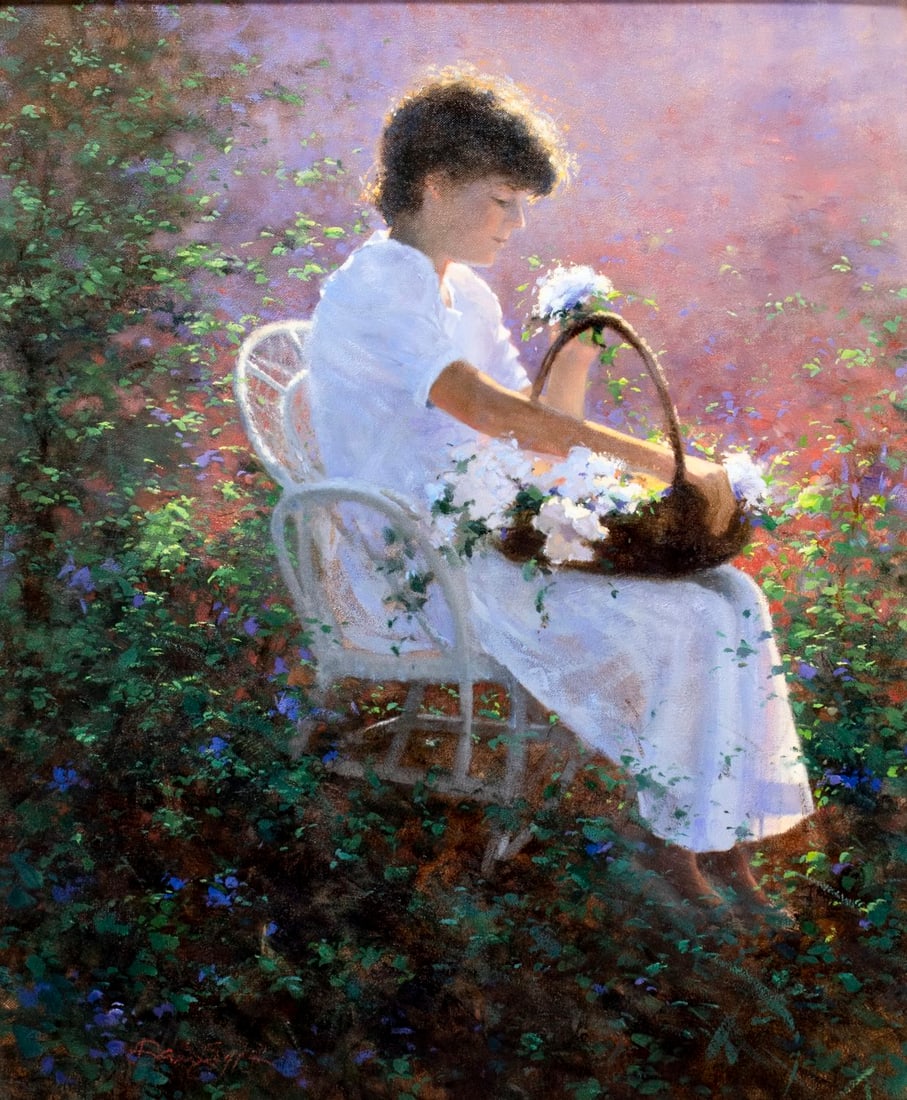 David Griffin (TX,b 1952) oil painting: ARTIST: David R Griffin (Texas, born 1952) TITLE: Morning Gift (titled on verso) YEAR: 1988 MEDIUM: oil on canvas CONDITION: Very good. No visible inpain