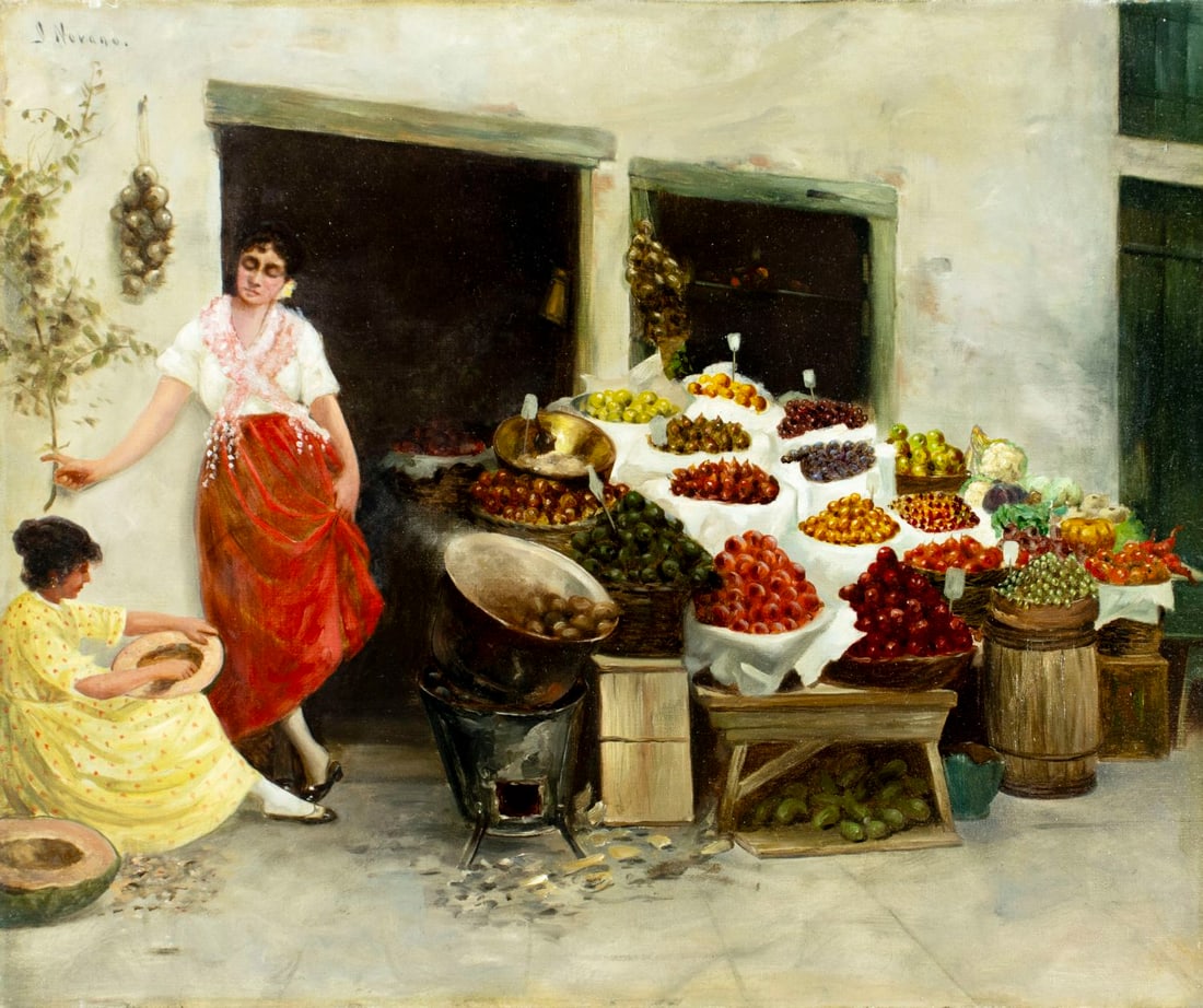 Novano (Italy,early 20C) oil painting antique: ARTIST: Novano (Italian, early 20 century) TITLE: Fruit Seller MEDIUM: oil on canvas CONDITION: Some patches. Minor craquelure. Some scattered inpaintings. Normal wear along