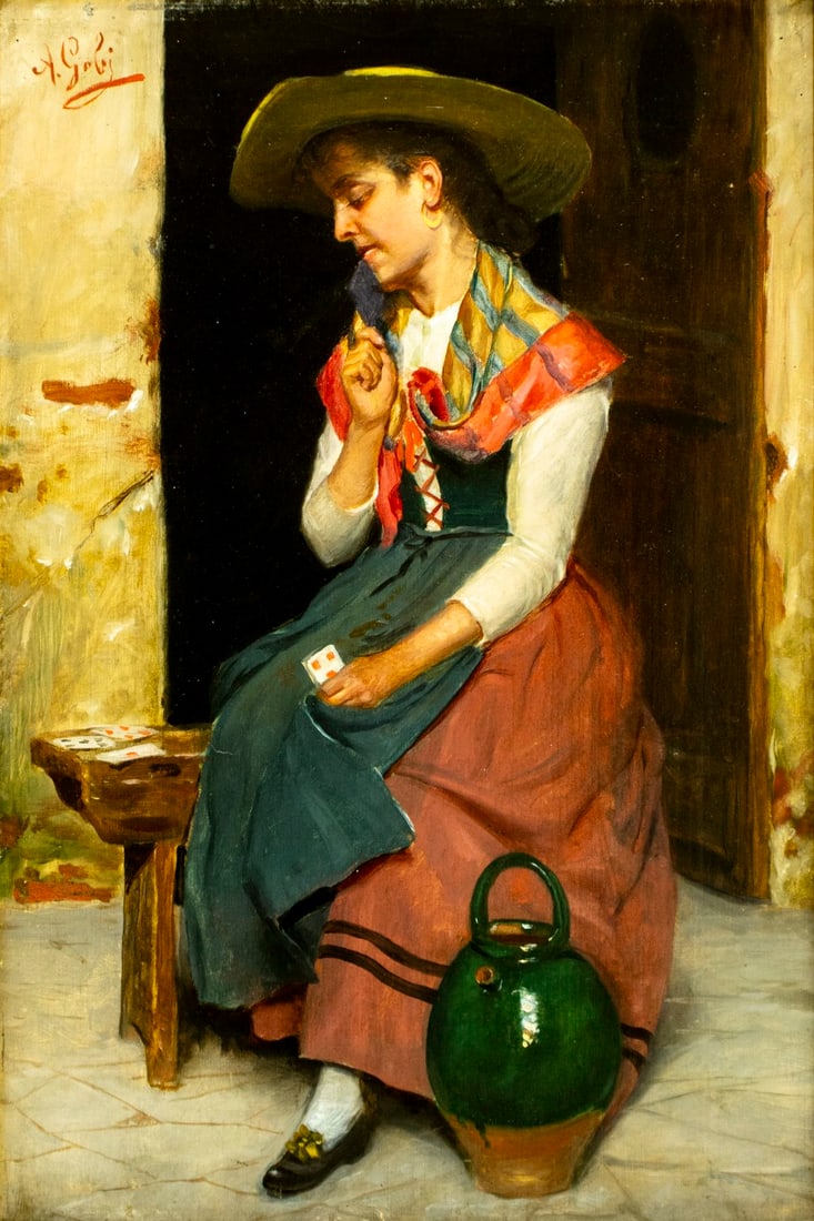 A Gobi (Italy,19C) oil painting antique: ARTIST: A Gobi (Italian, 19 century) TITLE: Woman Playing Cards MEDIUM: oil on canvas CONDITION: Few pinholes by the edges. Minor paint losses mostly by the edges. No visibl