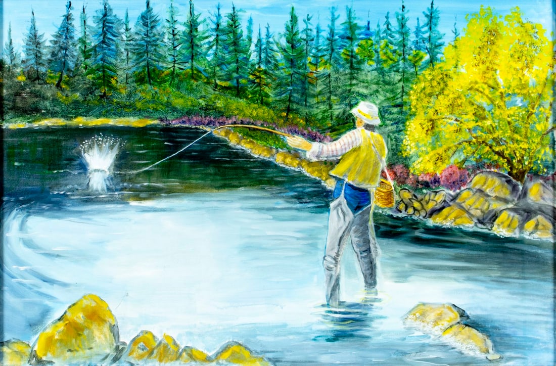 Murray Schwimmer Papell (NY,1924-2017) acrylic painting: ARTIST: Murray Schwimmer Papell (New York, 1924 - 2017) TITLE: Prize Catch MEDIUM: acrylic on canvas CONDITION: Overall good. No visible inpaint under UV light. Wear to fr