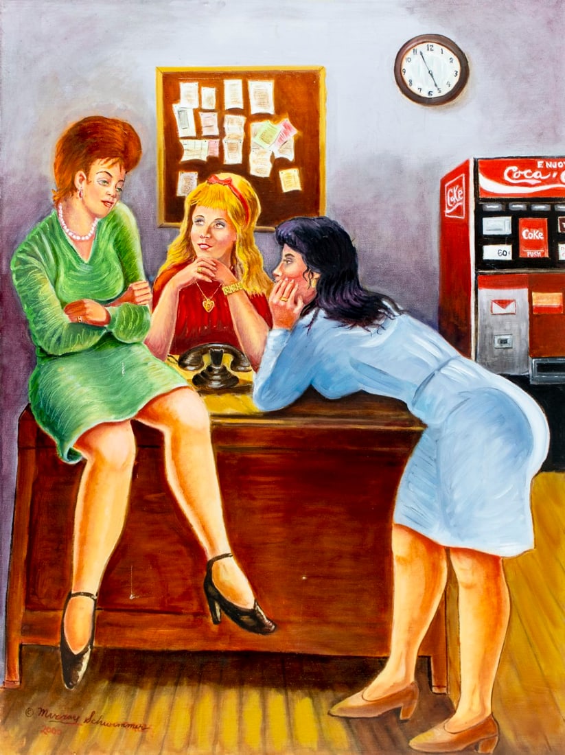 Murray Schwimmer Papell (NY,1924-2017) acrylic painting: ARTIST: Murray Schwimmer Papell (New York, 1924 - 2017) TITLE: Three Women Chatting at Office YEAR: 2000 MEDIUM: acrylic on canvas CONDITION: Some scra