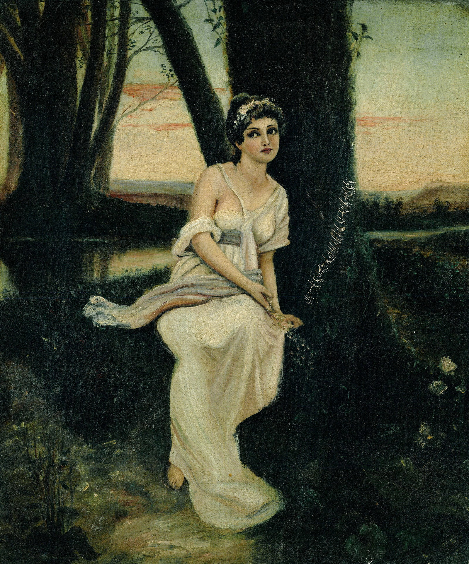 H Auld (US,early 20C) oil painting antique: ARTIST: H Auld (American, early 20 century) TITLE: Lady in Woods MEDIUM: oil on canvas CONDITION: Unstretched (In-House stretching available). Some scratches/paint losses (s