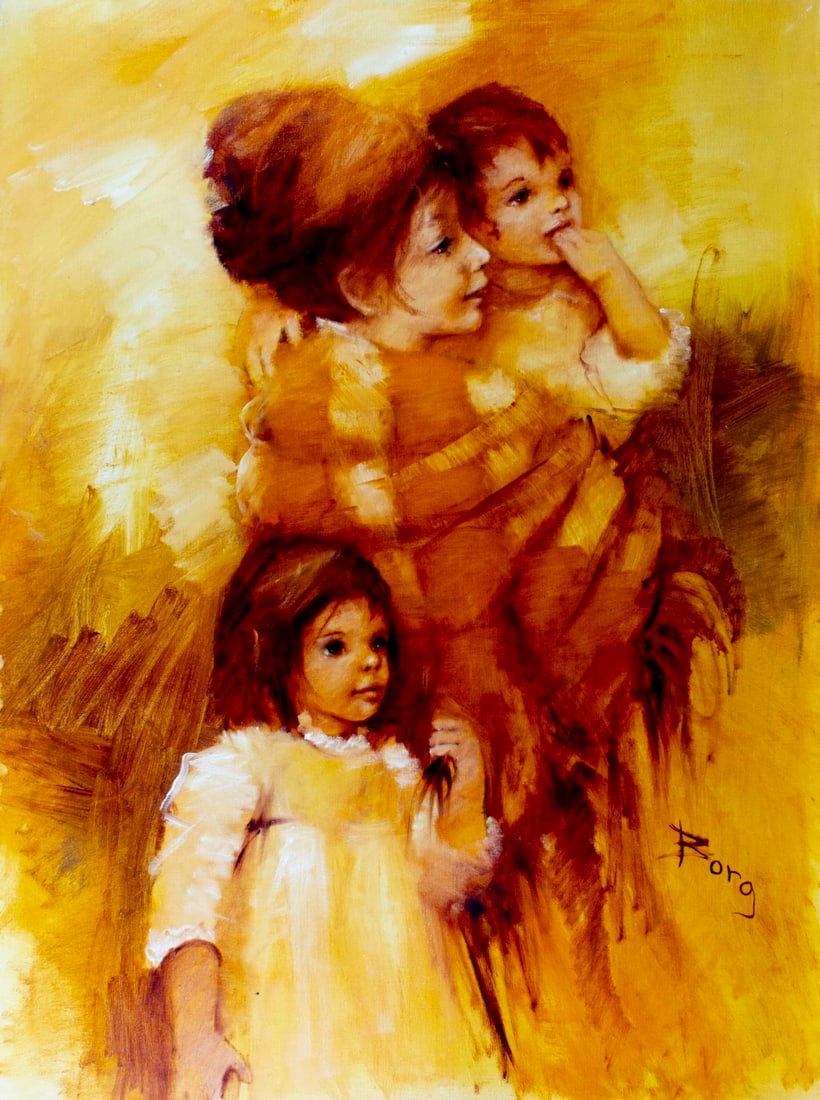 Irene Borg (CA,b 1950) oil painting: ARTIST: Irene Borg (California, born 1950) TITLE: Mother and Children MEDIUM: oil on canvas CONDITION: Overall good. No visible inpaint under UV light. Normal wear along edg