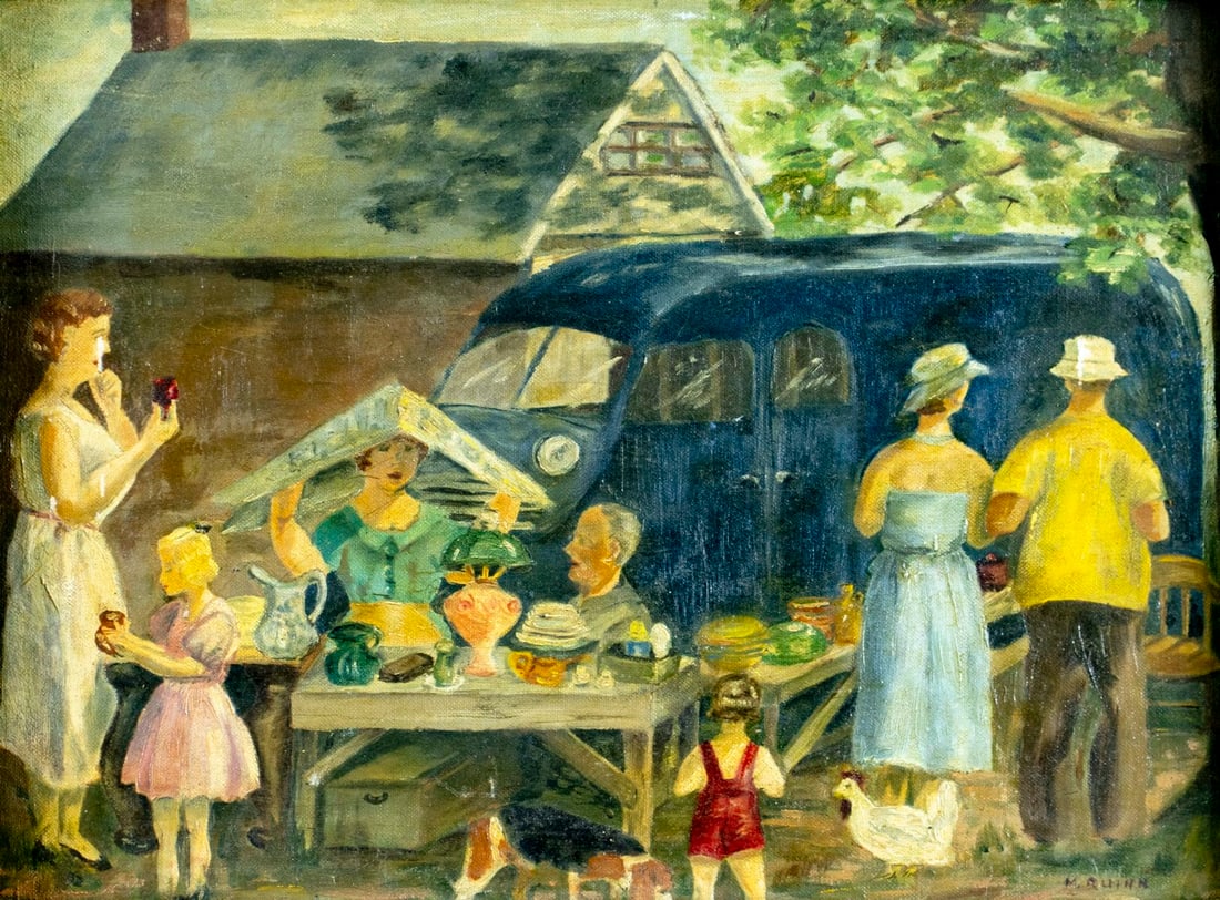 M Quinn (US,mid 20C) oil painting: ARTIST: M Quinn (American, mid 20 century) TITLE: Yard Sale MEDIUM: oil on canvas board CONDITION: Some small paint losses mostly along edges. No visible inpaint under UV li