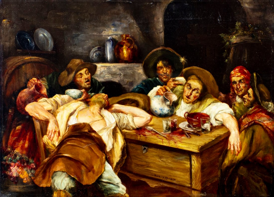 Ruiz Y Aranda (Spain,19C) oil painting antique: ARTIST: Ruiz Y Aranda (Spanish, 19 century) TITLE: Tavern Scene MEDIUM: oil on canvas CONDITION: One patch. Few repaired tears. Few small scratches/paint losses. Minor craqu