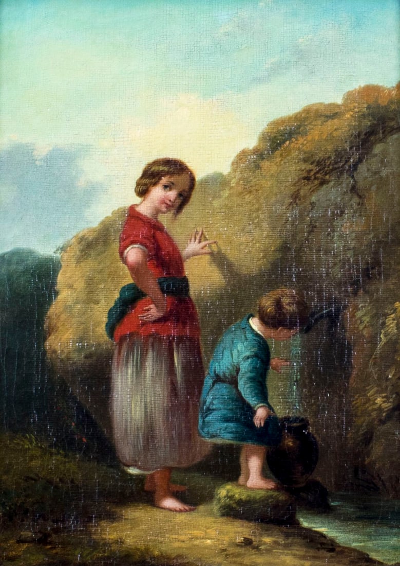 Antique 19C British oil painting: ARTIST: - (English, 19 century) TITLE: Mother and Child at Fountain MEDIUM: oil on canvas CONDITION: Relined. Minor craquelure. No visible inpaint under UV light.