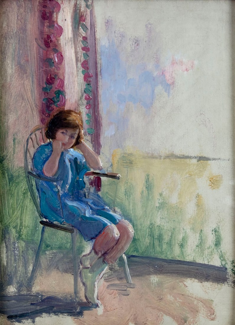 Harry John Pearson (UK,1872-1933) oil painting antique: ARTIST: Harry John Pearson (United Kingdom, 1872 - 1933) TITLE: Girl on Chair MEDIUM: oil on board CONDITION: Missing a few flakes of paint. No visible inpaint under UV li