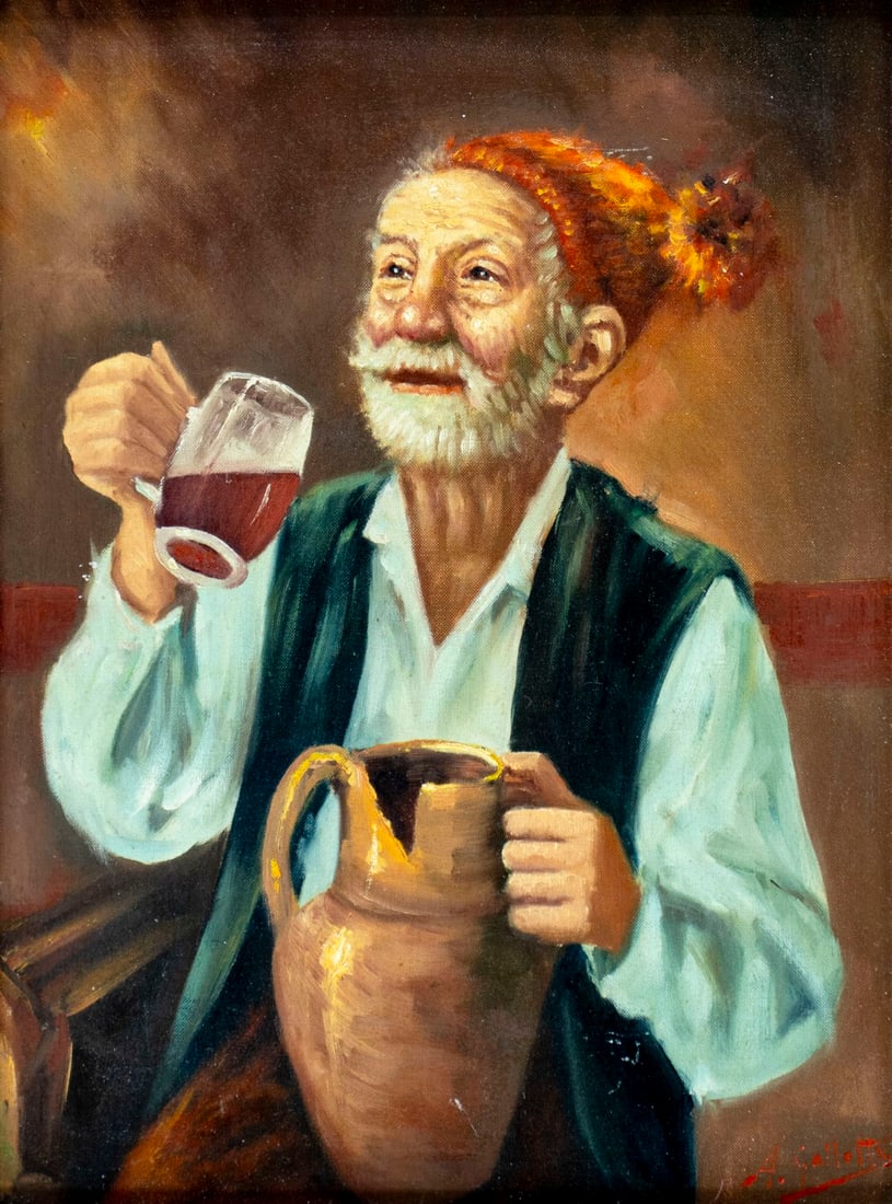 A Galletti (Italy,20C) oil painting: ARTIST: A Galletti (Italian, 20 century) TITLE: Old Man Drinking MEDIUM: oil on canvas board CONDITION: Few very minor scratches/paint losses. No visible inpaint under UV li